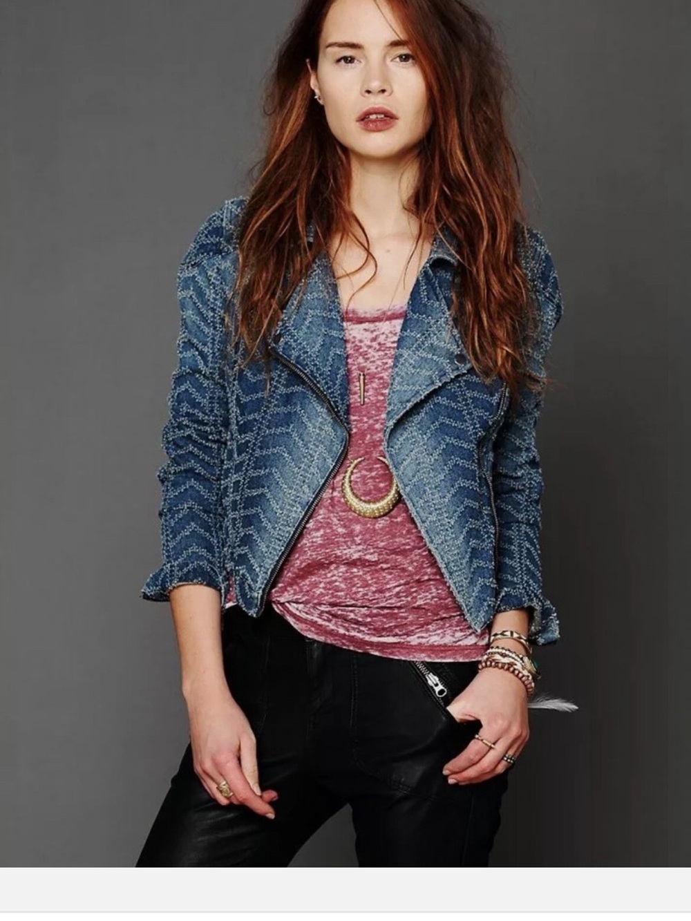 Free People Blue Chevron Denim Moto Jacket